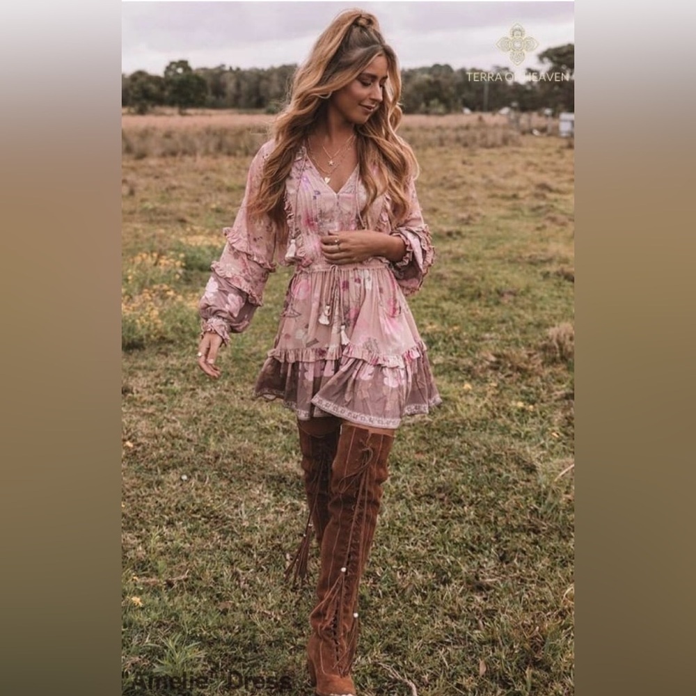 New Boho Floral Pink Ruffle Dress with pockets size S